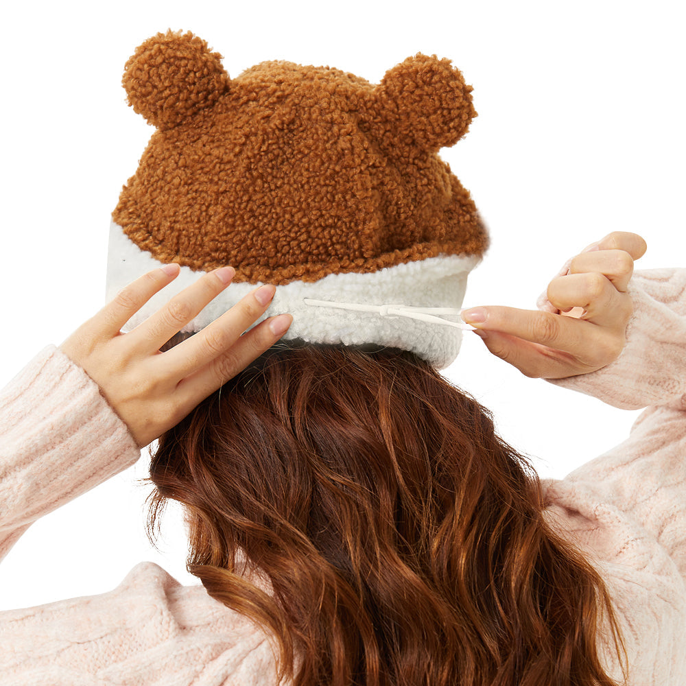 US Stock Kid's Fur Plush Hat Beanies Cuffed Skull with Adjustable Drawcord