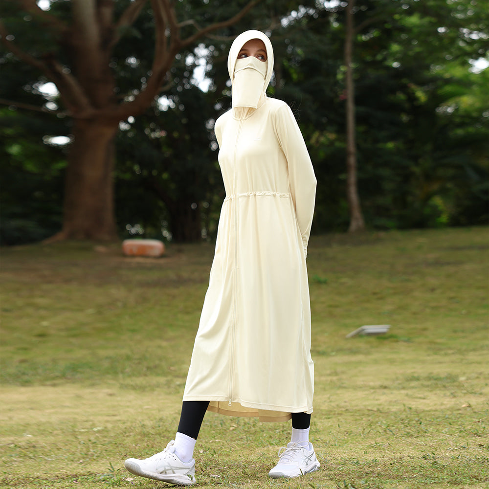 Women's Sun Protective Hoodie with Face Mask UPF50+ Extended Long Cover Up Full Zip Up Dress
