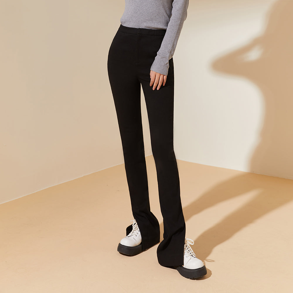 Women's High Waist Slit Hem Pants Thicken Warm Plain Leg Pants