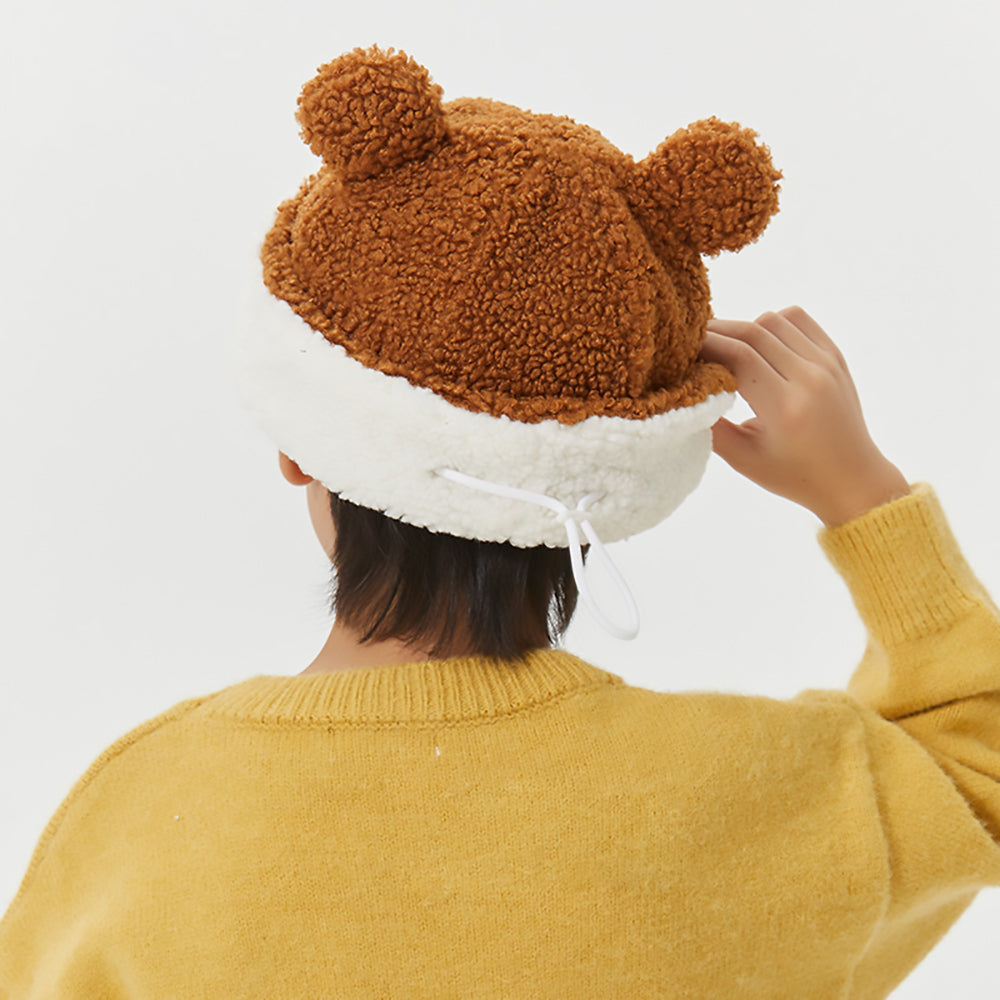 US Stock Kid's Fur Plush Hat Beanies Cuffed Skull with Adjustable Drawcord