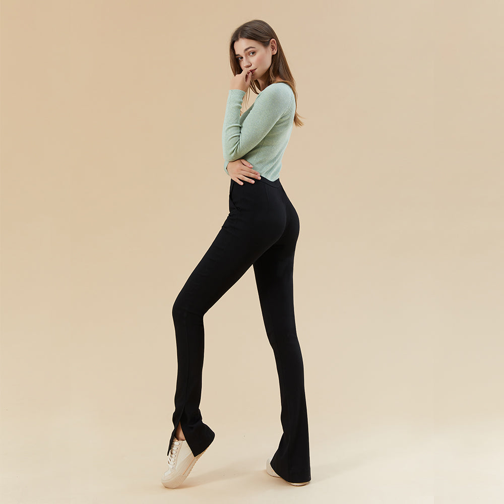 Women's High Waist Slit Hem Pants Thicken Warm Plain Leg Pants