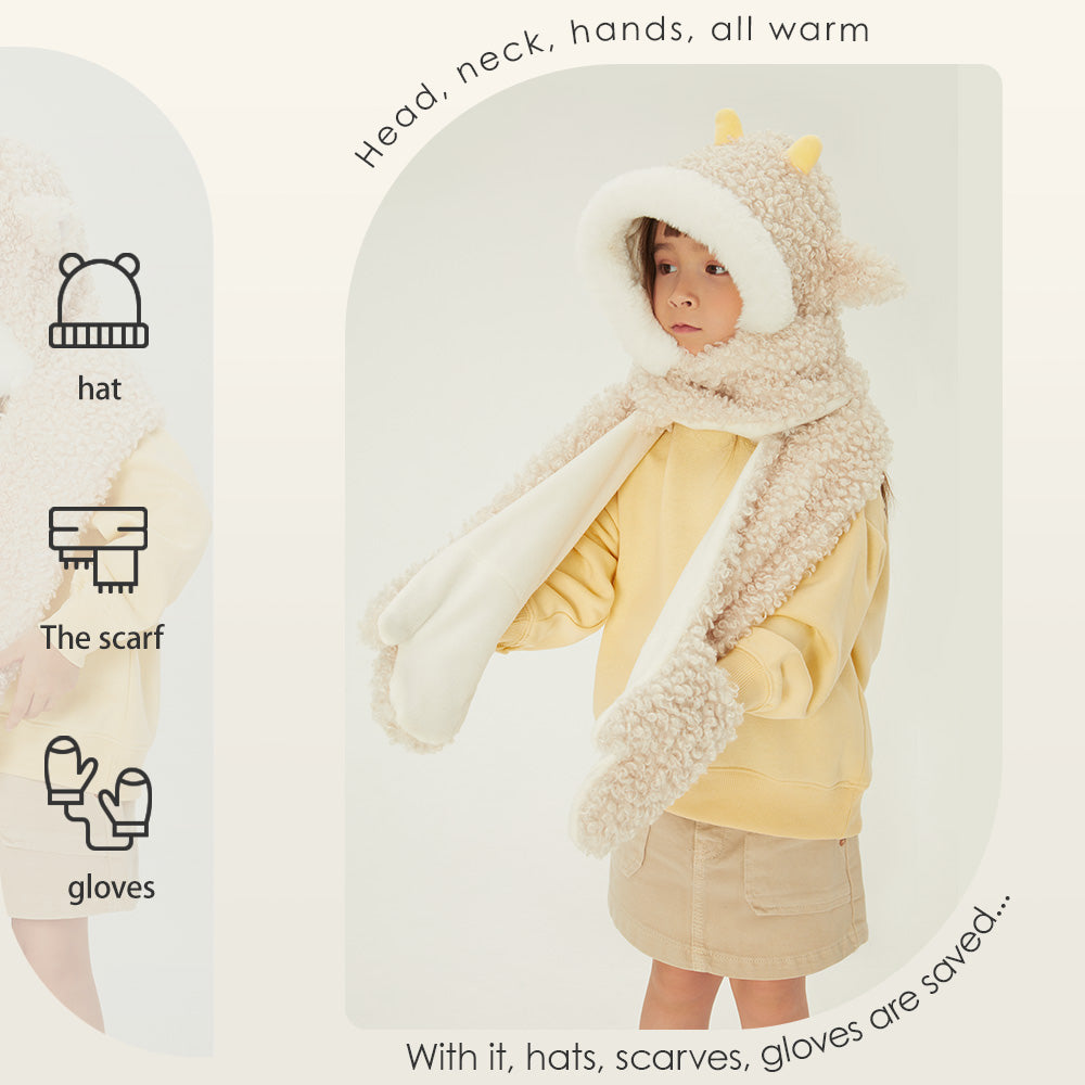 Kid's 3-in-1 Multi-Functional Scarves Warm Hoodie Hat/Scarf/Mittens Set