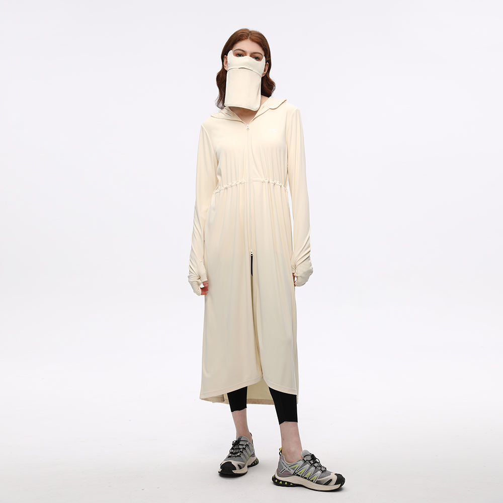Women's Sun Protective Hoodie with Face Mask UPF50+ Extended Long Cover Up Full Zip Up Dress