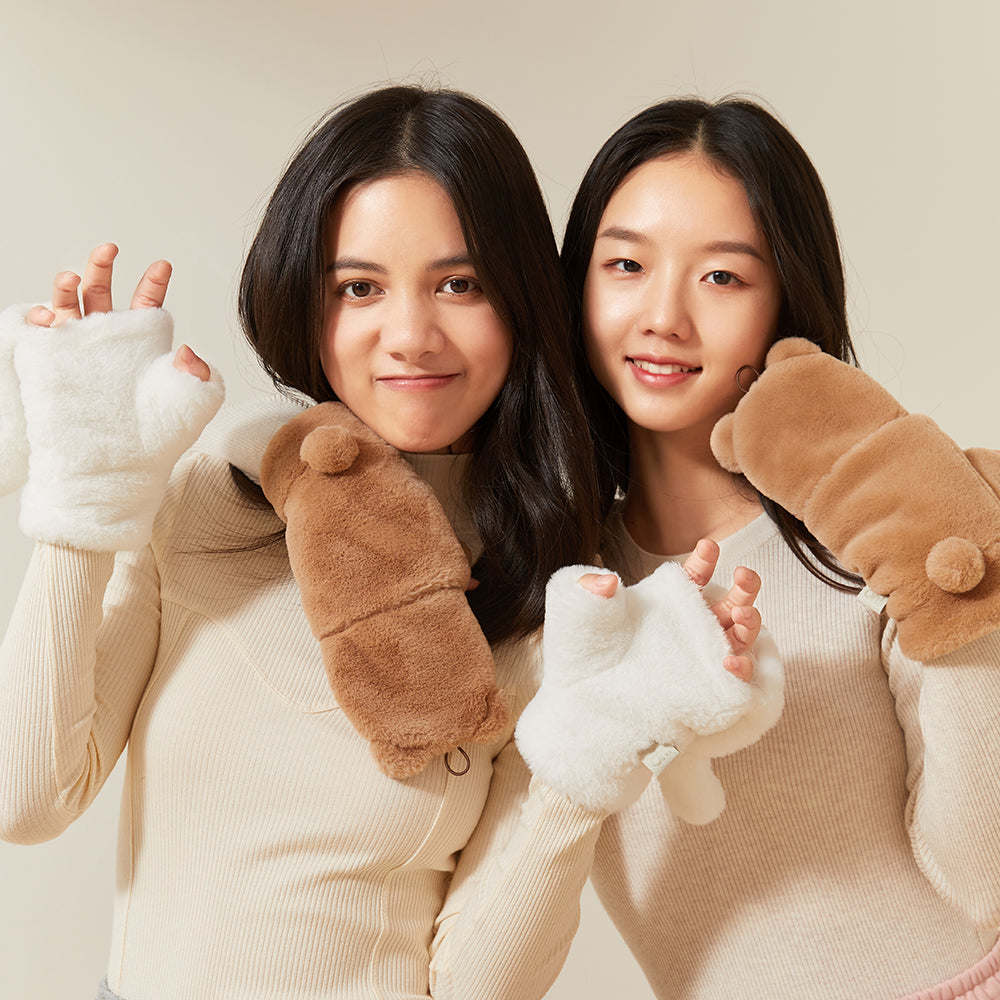 Winter Faux Fur Convertible Fingerless Gloves Warm Mittens