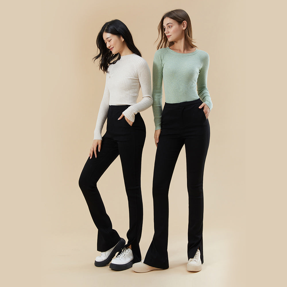 Women's High Waist Slit Hem Pants Thicken Warm Plain Leg Pants