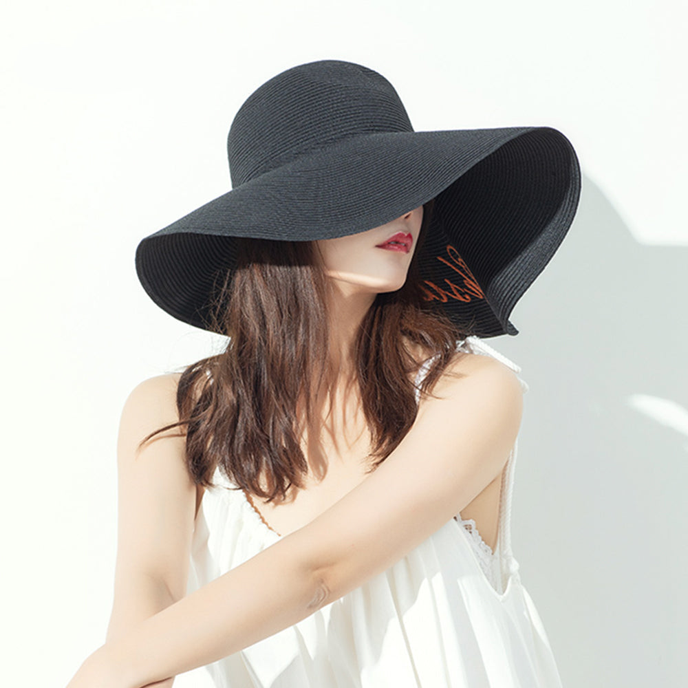 US Stock Women's Fairlady Large Brim Straw Hat Reversible Cap UPF 50+