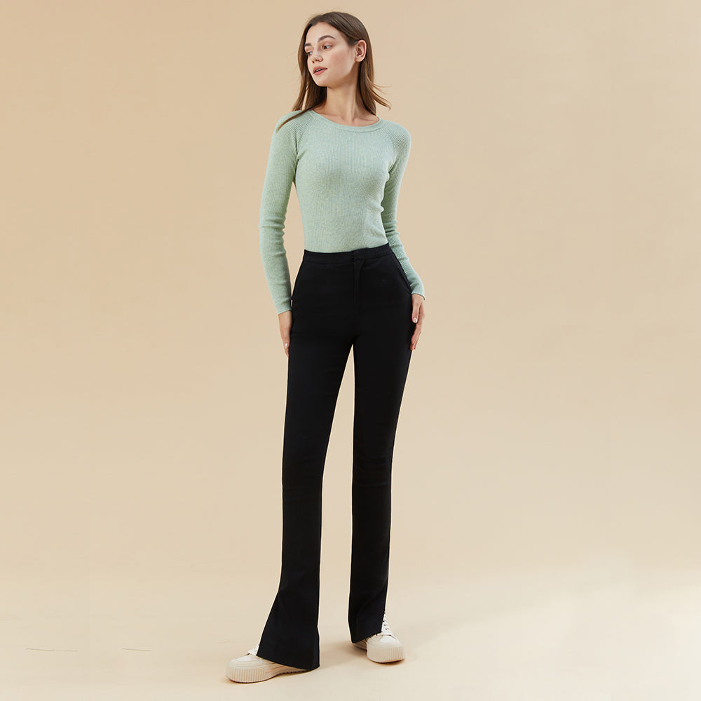 Women's High Waist Slit Hem Pants Thicken Warm Plain Leg Pants
