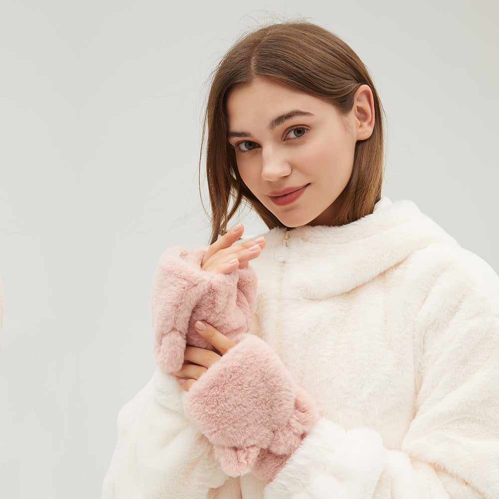 Winter Faux Fur Convertible Fingerless Gloves Warm Mittens