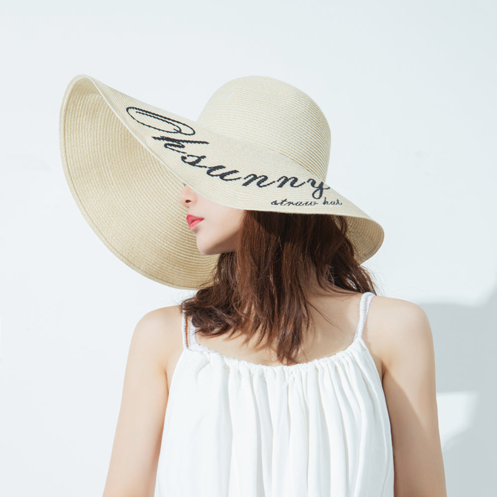 US Stock Women's Fairlady Large Brim Straw Hat Reversible Cap UPF 50+