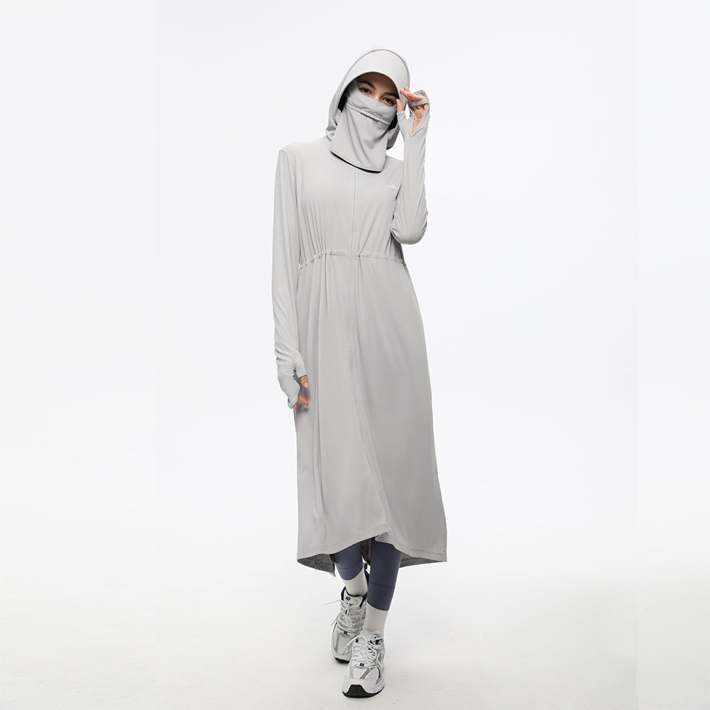 Women's Sun Protective Hoodie with Face Mask UPF50+ Extended Long Cover Up Full Zip Up Dress