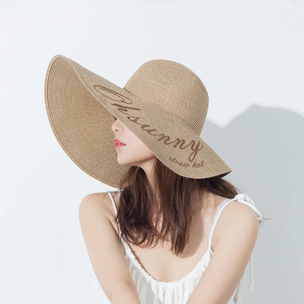 US Stock Women's Fairlady Large Brim Straw Hat Reversible Cap UPF 50+