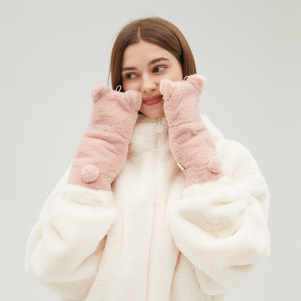 Winter Faux Fur Convertible Fingerless Gloves Warm Mittens