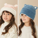 US Stock Kid's Fur Plush Hat Beanies Cuffed Skull with Adjustable Drawcord