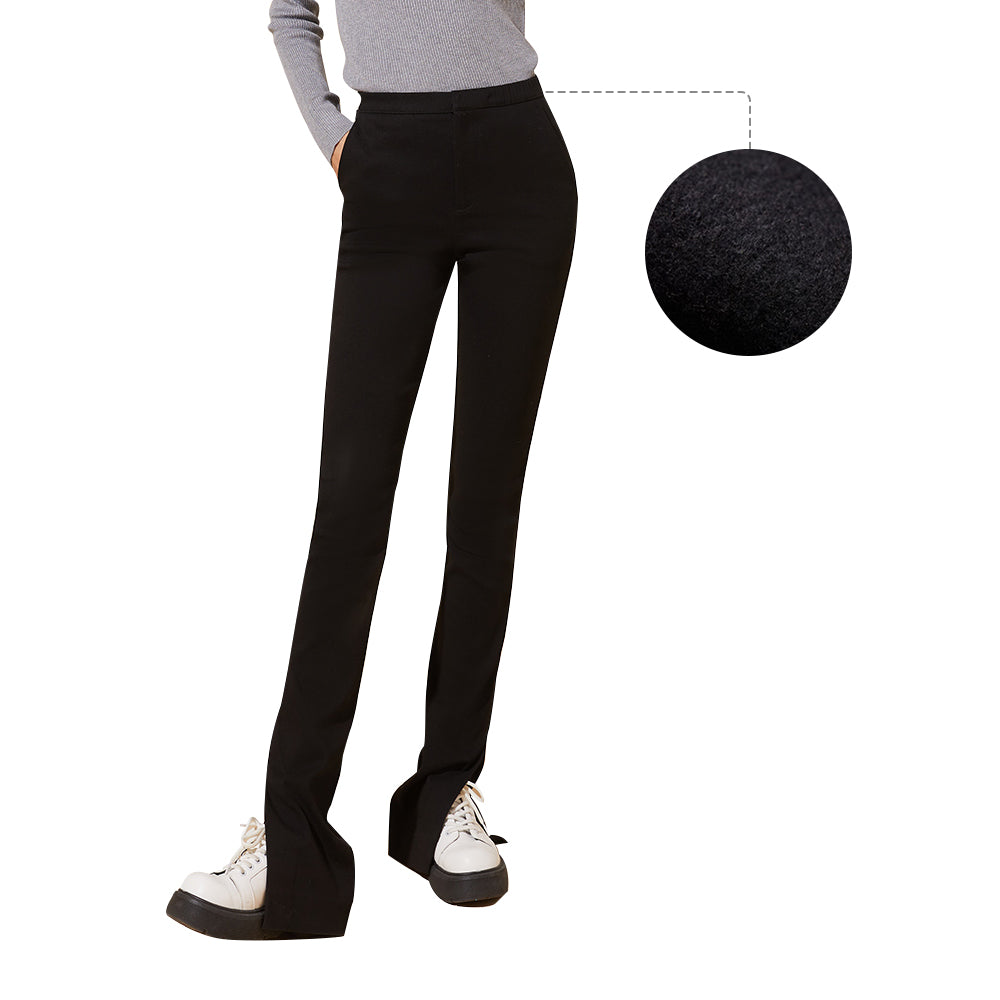 Women's High Waist Slit Hem Pants Thicken Warm Plain Leg Pants