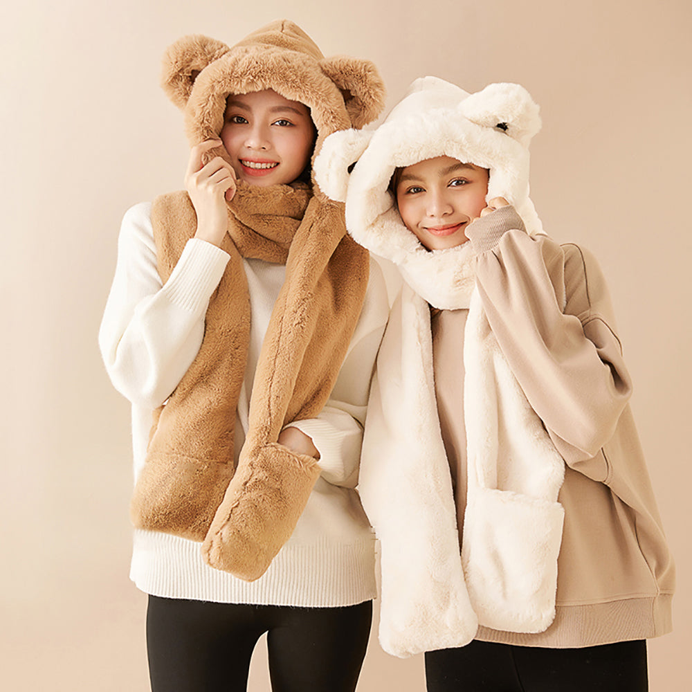 US Stock 3-in-1 Multi-Functional Cute Animal Hat with Scarf and Mitten Combo