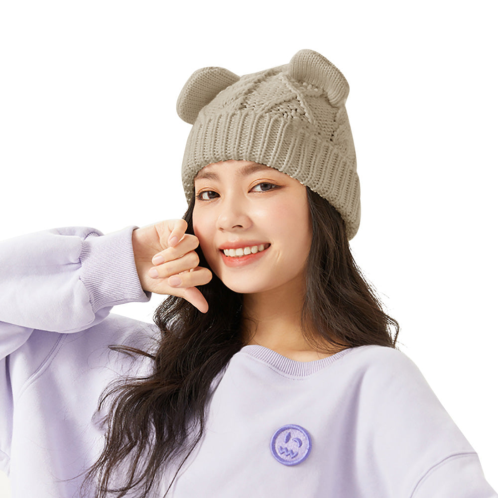 Japan Stock Women's Bear Ears Beanie Hat Stretchy Warm Cute Knit Cap