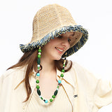 Hand Woven Wide Brim Straw Sun Hat Dual-Use As Tote Handbag & Summer Bucket Cap for Beach Vocation