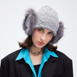 Winter Warm Knit Beanie Cap with Plush Ear Muffs Cuffed Plain Skull Hat