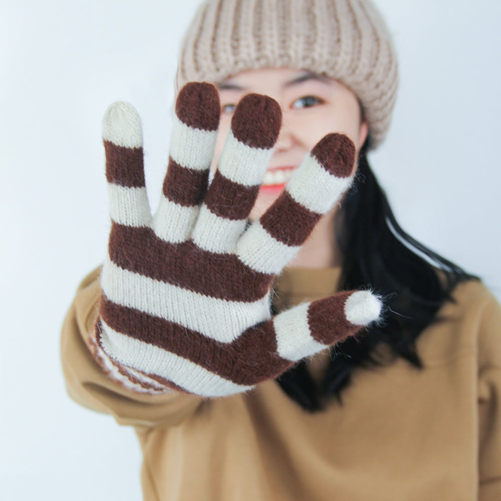 Women's Knit Long Gloves Stripe Arm Warmers Stretchy Winter Warm Full Fingers Gloves