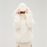 Cute Ears Hoodie Warm Fluffy Faux Fur Short Coat Parka Outwear with Pockets