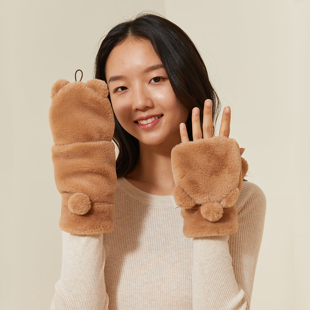 Winter Faux Fur Convertible Fingerless Gloves Warm Mittens