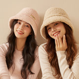 US Stock Warm Bucket Hat Faux Lamb Fleece Caps for Women