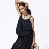 Sun-Protective Slip Dress with Adjustable Straps & Elegant Beaded Cooling Copper Ammonia Fabric UPF 500+