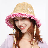 Hand Woven Wide Brim Straw Sun Hat Dual-Use As Tote Handbag & Summer Bucket Cap for Beach Vocation