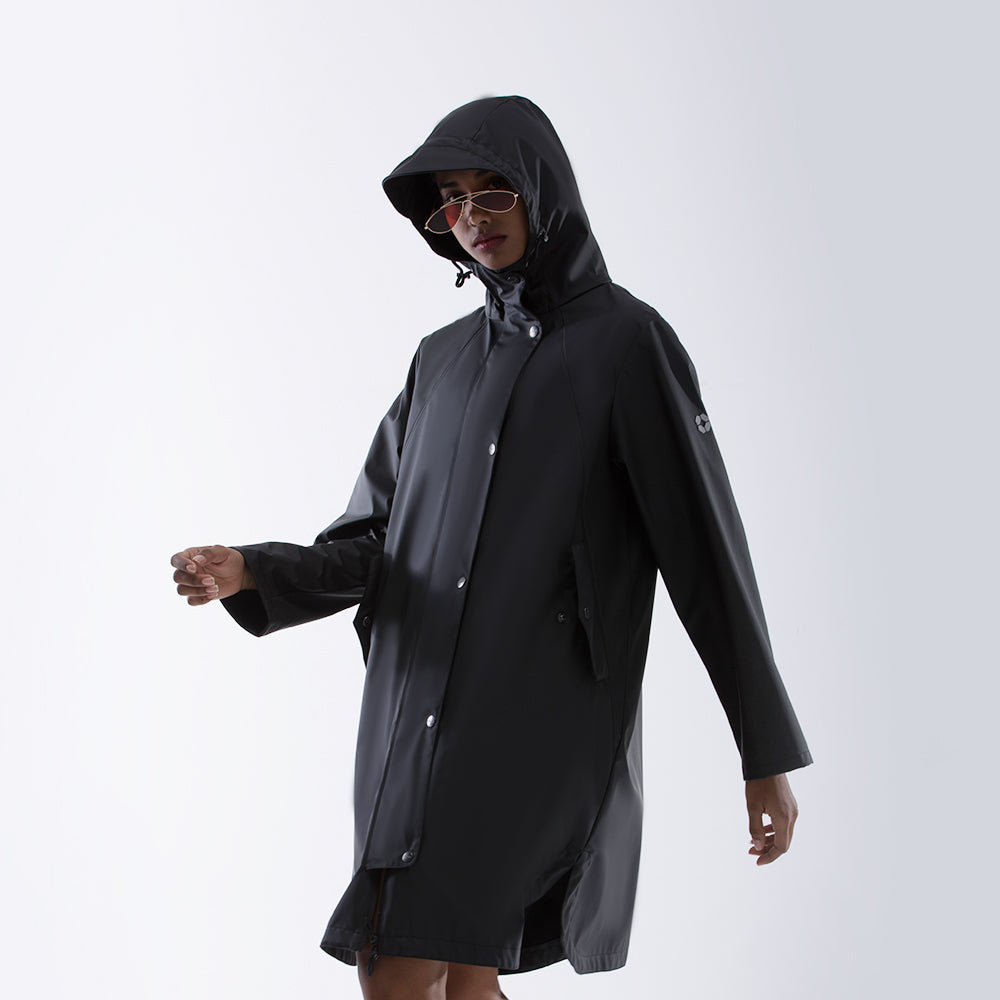 display of black waterproof long coat