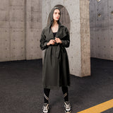 display of black hooded trench coat