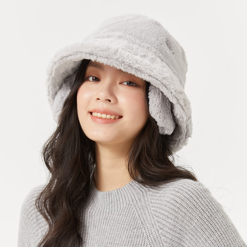 US Stock Warm Faux Rabbit Fur Bucket Hat Cap with Removable Earflaps