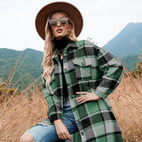 US Stock Fork Lapel Loose Women's Wool Plaid Shirt Jacket
