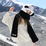 Warm 3-in-1 Combo Hoodie Hat/Scarf/Gloves Women Soft Faux Fleece Hat Long Scarves Mitten