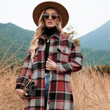 US Stock Fork Lapel Loose Women's Wool Plaid Shirt Jacket