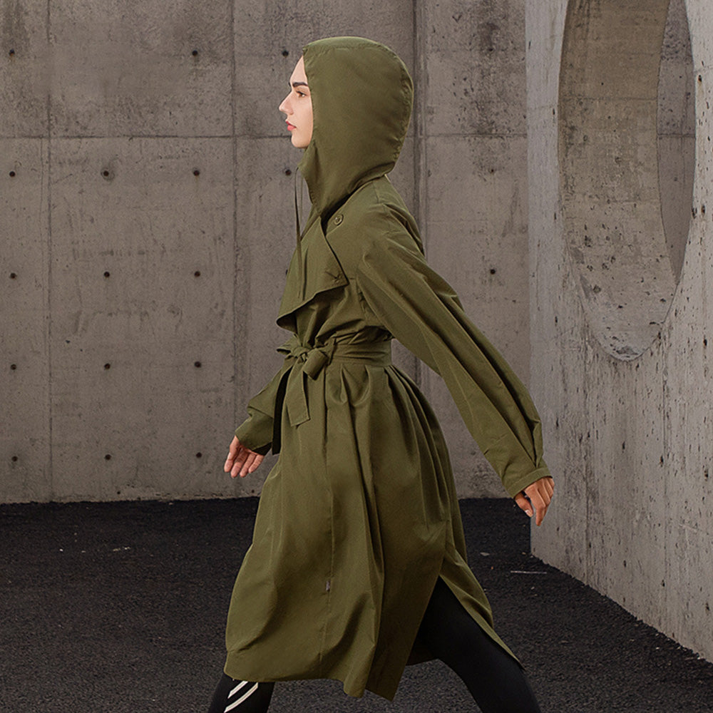 display of army-green hooded trench coat
