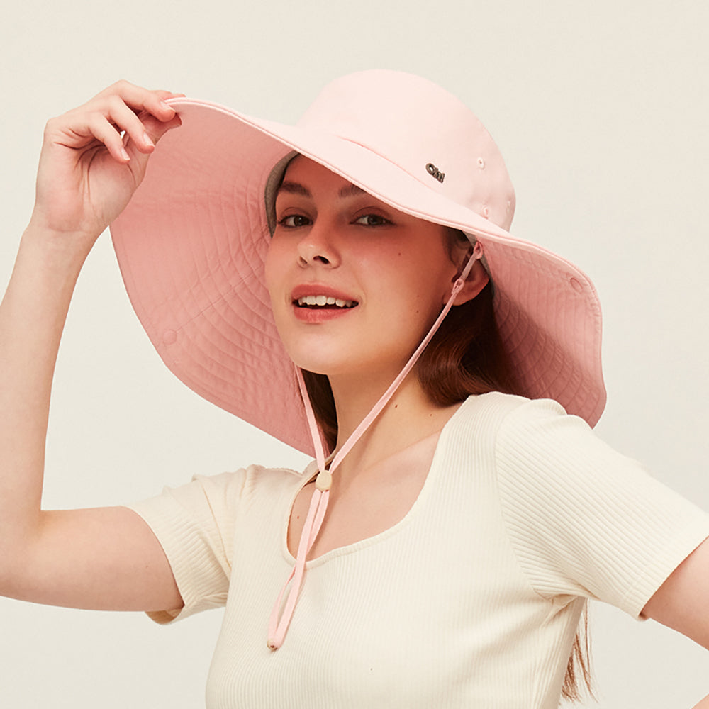 Unisex Extra Large Brim Sun Hat with Windproof Rope - M / Pink