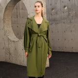 display of army-green hooded trench coat