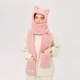 Warm 3-in-1 Combo Hoodie Hat/Scarf/Gloves Women Soft Faux Fleece Hat Long Scarves Mitten