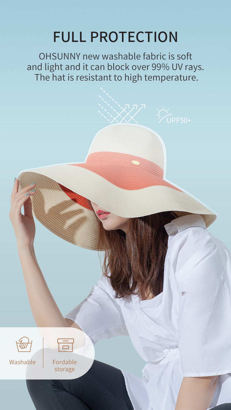 US Stock Women's 5.5 Inches Wide Brim Floppy Foldable Roll up Straw Hat UPF 50+