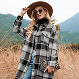 US Stock Fork Lapel Loose Women's Wool Plaid Shirt Jacket