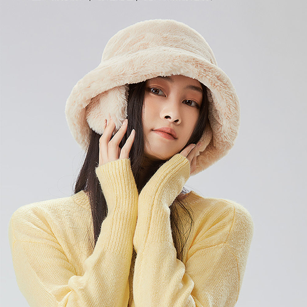 US Stock Warm Faux Rabbit Fur Bucket Hat Cap with Removable Earflaps