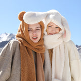 Warm 3-in-1 Combo Hoodie Hat/Scarf/Gloves Women Soft Faux Fleece Hat Long Scarves Mitten