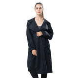 display of black hooded trench coat